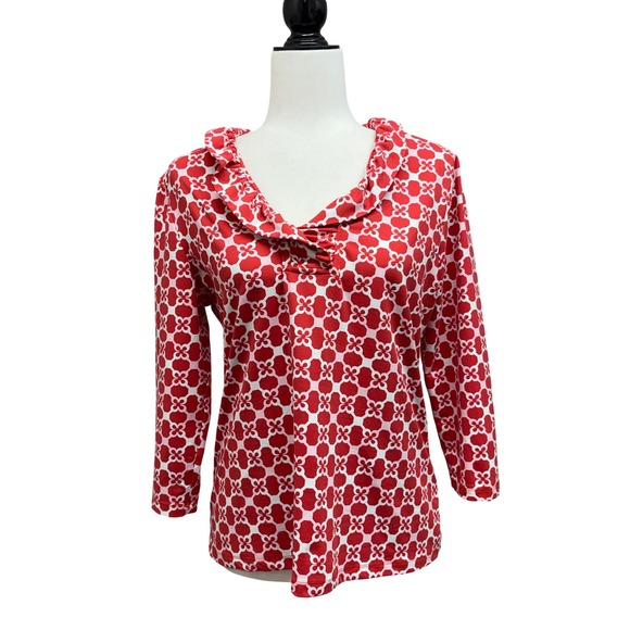 J.McLaughlin Tops - J.McLaughlin Red White Geometric Floral Catalina Cloth Ruffle Neck Top Large